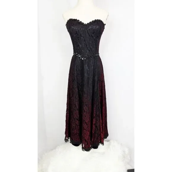 Vintage Gunne Sax | Black and Burgundy Ombre Lace Dress | Prom Formal | Sz XS - Picture 3 of 6